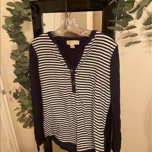 Michael Kors Navy Blue and White Striped Long Sleeve Top